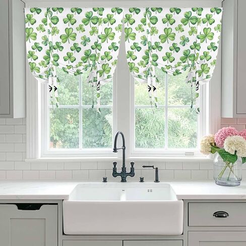 Saint Patrick's Day Tie Up Curtains for Window, Spring Lucky Shamrocks Grass Thermal Insulated Balloon Shade Adjustable Rod Pocket Curtains Valance Panels for Kitchen Bathroom Café 42'' x 63'' in Saudi Arabia