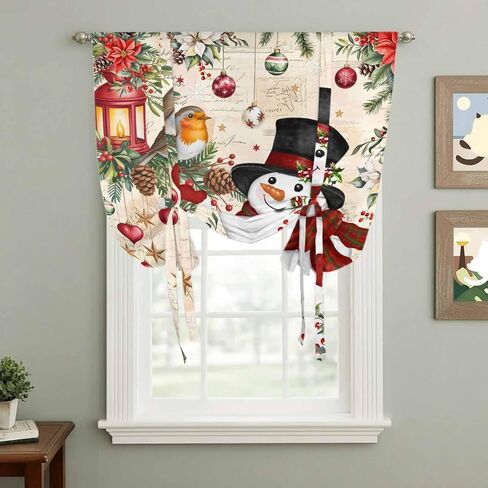 Christmas Tie Up Curtains for Window, Red Snowman Xmas Tree Snowflake Winter Bird Thermal Insulated Balloon Shade Adjustable Rod Pocket Curtains Valance Panels for Kitchen Bathroom Café 42'' x 45'' in Saudi Arabia