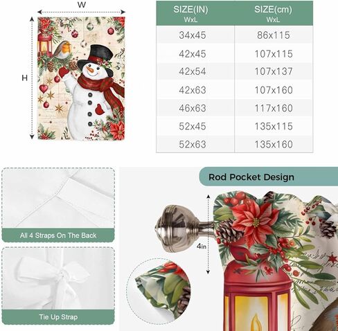 Christmas Tie Up Curtains for Window, Red Snowman Xmas Tree Snowflake Winter Bird Thermal Insulated Balloon Shade Adjustable Rod Pocket Curtains Valance Panels for Kitchen Bathroom Café 42'' x 45'' in Saudi Arabia