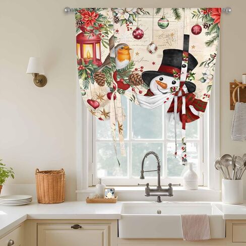 Christmas Tie Up Curtains for Window, Red Snowman Xmas Tree Snowflake Winter Bird Thermal Insulated Balloon Shade Adjustable Rod Pocket Curtains Valance Panels for Kitchen Bathroom Café 42'' x 45'' in Saudi Arabia