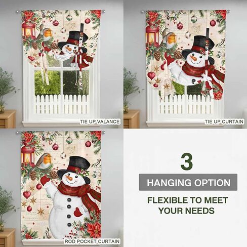 Christmas Tie Up Curtains for Window, Red Snowman Xmas Tree Snowflake Winter Bird Thermal Insulated Balloon Shade Adjustable Rod Pocket Curtains Valance Panels for Kitchen Bathroom Café 42'' x 45'' in Saudi Arabia