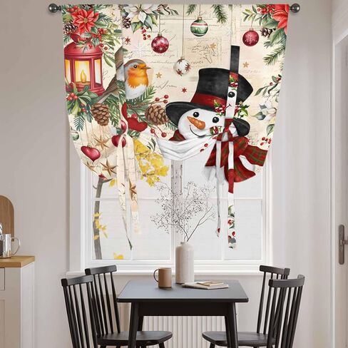 Christmas Tie Up Curtains for Window, Red Snowman Xmas Tree Snowflake Winter Bird Thermal Insulated Balloon Shade Adjustable Rod Pocket Curtains Valance Panels for Kitchen Bathroom Café 42'' x 45'' in Saudi Arabia