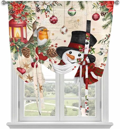 Christmas Tie Up Curtains for Window, Red Snowman Xmas Tree Snowflake Winter Bird Thermal Insulated Balloon Shade Adjustable Rod Pocket Curtains Valance Panels for Kitchen Bathroom Café 42'' x 45'' in Saudi Arabia