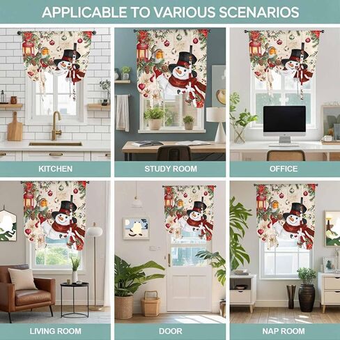 Christmas Tie Up Curtains for Window, Red Snowman Xmas Tree Snowflake Winter Bird Thermal Insulated Balloon Shade Adjustable Rod Pocket Curtains Valance Panels for Kitchen Bathroom Café 42'' x 45'' in Saudi Arabia