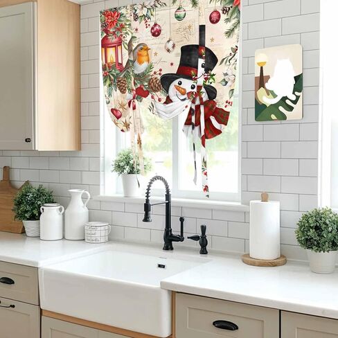Christmas Tie Up Curtains for Window, Red Snowman Xmas Tree Snowflake Winter Bird Thermal Insulated Balloon Shade Adjustable Rod Pocket Curtains Valance Panels for Kitchen Bathroom Café 42'' x 45'' in Saudi Arabia