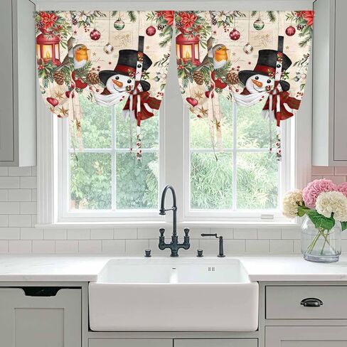 Christmas Tie Up Curtains for Window, Red Snowman Xmas Tree Snowflake Winter Bird Thermal Insulated Balloon Shade Adjustable Rod Pocket Curtains Valance Panels for Kitchen Bathroom Café 42'' x 45'' in Saudi Arabia