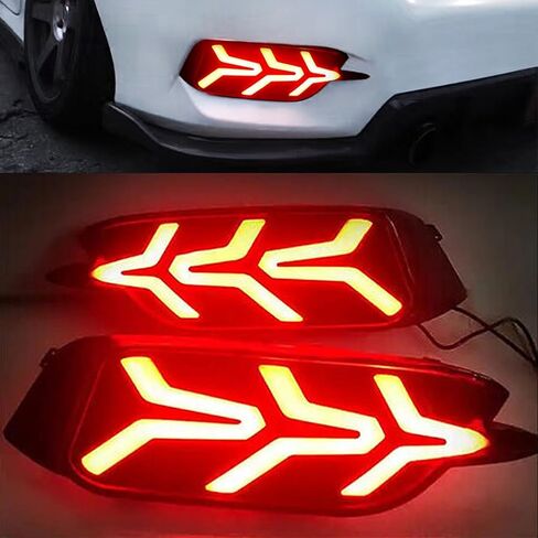 ضوء ممتص الصدمات لسيارة Honda Civic 2016-2019 LED مصباح عاكس للمصد الخلفي مع فرامل إضاءة خلفية متتابعة ديناميكية 3 ألوان وأضواء ضباب خلفية لسيارة Honda Civic Sedan، زوج واحد in Kuwait