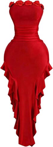 GORGLITTER Women's 3D Floral Dress Ruched Ruffle Strapess Bodycon Cocktail Maxi Dresses Festival Party Outfits in Saudi Arabia