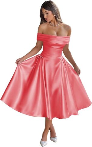 BOLENSYE Off The Shoulder Satin Bridesmaid Dresses Tea Length A Line Formal Ball Gown Midi Wedding Guest Dress in Kuwait