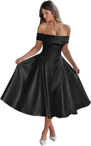 BOLENSYE Off The Shoulder Satin Bridesmaid Dresses Tea Length A Line Formal Ball Gown Midi Wedding Guest Dress in Saudi Arabia