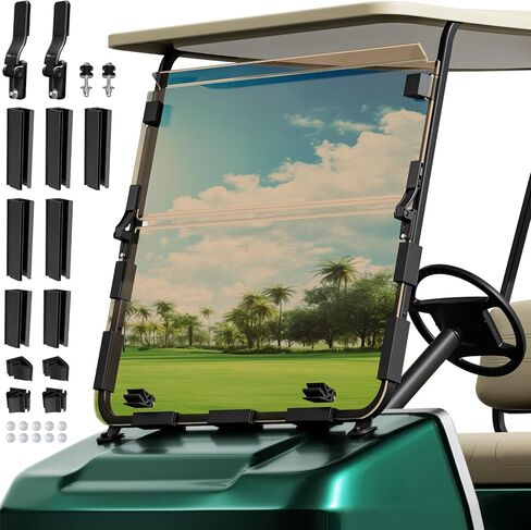 الزجاج الأمامي لعربة الجولف لموديلات Club Car DS 1982-2000 مع دعامات 1 بوصة × 1 بوصة للسكك الحديدية العلوية والسفلية المستقيمة، زجاج أمامي شفاف قابل للطي لسيارة Club Car DS مع مفصل عالي التحمل، 3/16 بوصة (5 مم) PC، مضاد للأشعة فوق البنفسجية in Kuwait