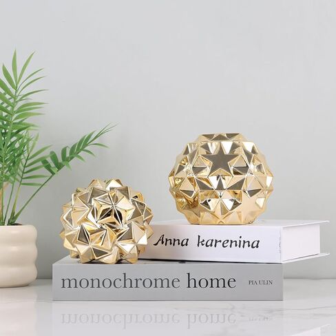 مجموعة تماثيل هندسية للديكور الذهبي مكونة من 2 - سيراميك ذهبي مجرد لهجات منزلية للأجرام السماوية لطاولة القهوة في غرفة المعيشة، والرف، والرف، والنحت المعاصر على سطح المكتب in Kuwait