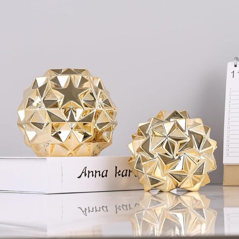 مجموعة تماثيل هندسية للديكور الذهبي مكونة من 2 - سيراميك ذهبي مجرد لهجات منزلية للأجرام السماوية لطاولة القهوة في غرفة المعيشة، والرف، والرف، والنحت المعاصر على سطح المكتب in Kuwait