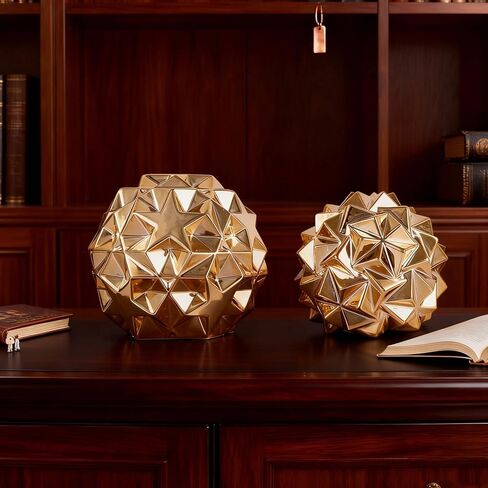 مجموعة تماثيل هندسية للديكور الذهبي مكونة من 2 - سيراميك ذهبي مجرد لهجات منزلية للأجرام السماوية لطاولة القهوة في غرفة المعيشة، والرف، والرف، والنحت المعاصر على سطح المكتب in Kuwait