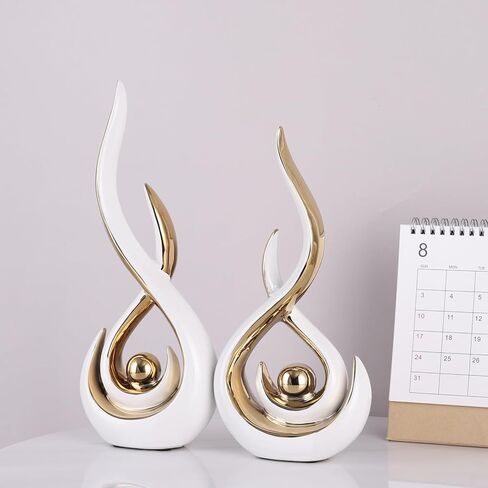 Ceramic Abstract 2 Piece Statue Set, White and Gold Home Decor Accents for Home Decor Statue Mantel Shelf Decor Unique Shelf Decor on Mantel, TV Cabinet Divider Table Top and Dining Table Centerpiece. in Saudi Arabia