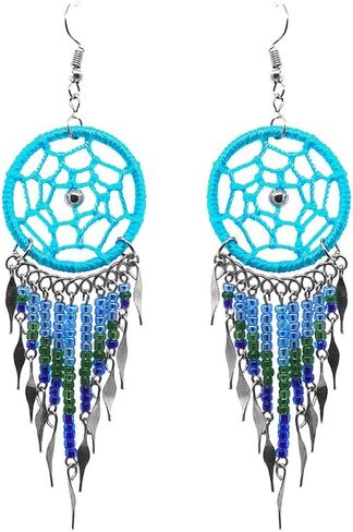 Large Thread Dream Catcher Long Seed Beaded Metal Dangle Earrings - Womens Fashion Handmade Jewelry Boho Accessories in Saudi Arabia