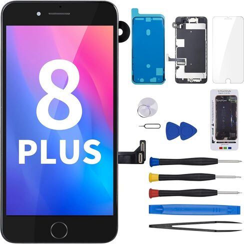 for iPhone 8 Plus Screen Replacement with Home Button 5.5" White, 8plus 3D Touch LCD Display Digitizer Full Assembly with Front Camera Speaker Sensor Repair Kit, Fix Tools A1864,A1897,A1898 in Kuwait