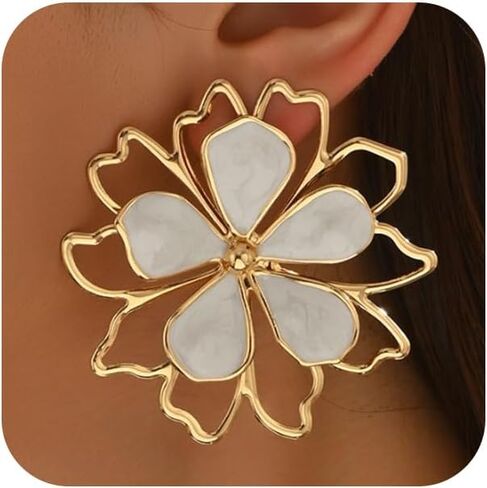 Trendy Large Chunky Gold Flower Enamel Petal Earrings for Women, Unique Statement White Purple Floral Stud Earring Y2K Holiday Prom Party Jewelry Gift in Saudi Arabia