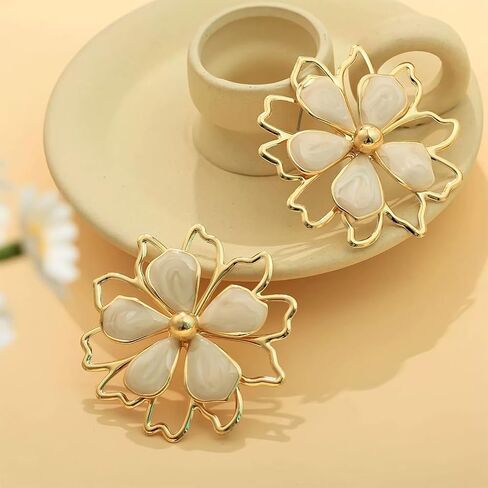 Trendy Large Chunky Gold Flower Enamel Petal Earrings for Women, Unique Statement White Purple Floral Stud Earring Y2K Holiday Prom Party Jewelry Gift in Saudi Arabia