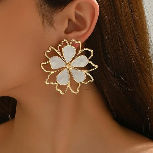 Trendy Large Chunky Gold Flower Enamel Petal Earrings for Women, Unique Statement White Purple Floral Stud Earring Y2K Holiday Prom Party Jewelry Gift in Saudi Arabia