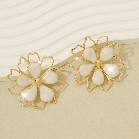 Trendy Large Chunky Gold Flower Enamel Petal Earrings for Women, Unique Statement White Purple Floral Stud Earring Y2K Holiday Prom Party Jewelry Gift in Saudi Arabia