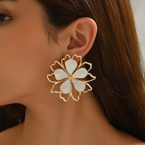 Trendy Large Chunky Gold Flower Enamel Petal Earrings for Women, Unique Statement White Purple Floral Stud Earring Y2K Holiday Prom Party Jewelry Gift in Saudi Arabia