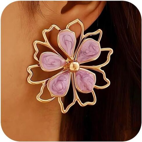 Trendy Large Chunky Gold Flower Enamel Petal Earrings for Women, Unique Statement White Purple Floral Stud Earring Y2K Holiday Prom Party Jewelry Gift in Kuwait