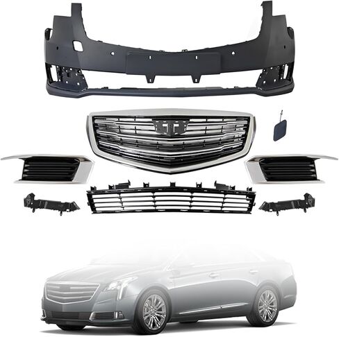 MGWILL Front Bumper Cover Kit Compatible with 2018 2019 Cadillac XTS 3.6L W/Upper Grille Lower Grill & Fog Light Covers, W/Sensor Holes & Tow Hook Hole in Kuwait