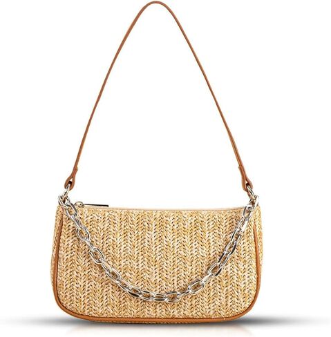 Straw Beach Bag, Hand-Woven Soft Handbag Underarm With Decorative Chain, Bohemian Summer Bag Suitable for Vacation Travel Daily(Khaki) in Saudi Arabia