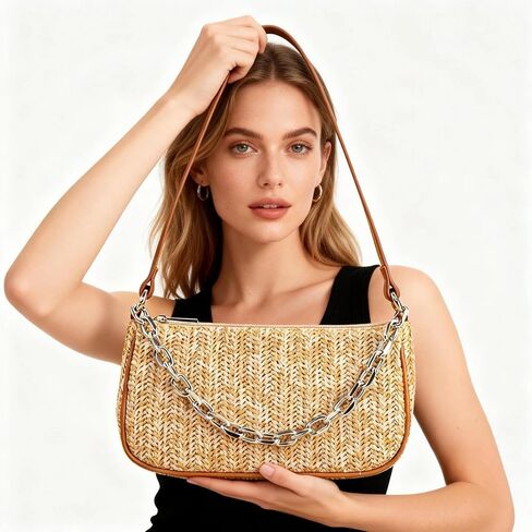Straw Beach Bag, Hand-Woven Soft Handbag Underarm With Decorative Chain, Bohemian Summer Bag Suitable for Vacation Travel Daily(Khaki) in Saudi Arabia