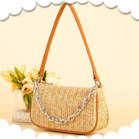 Straw Beach Bag, Hand-Woven Soft Handbag Underarm With Decorative Chain, Bohemian Summer Bag Suitable for Vacation Travel Daily(Khaki) in Saudi Arabia