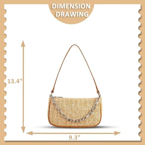 Straw Beach Bag, Hand-Woven Soft Handbag Underarm With Decorative Chain, Bohemian Summer Bag Suitable for Vacation Travel Daily(Khaki) in Saudi Arabia