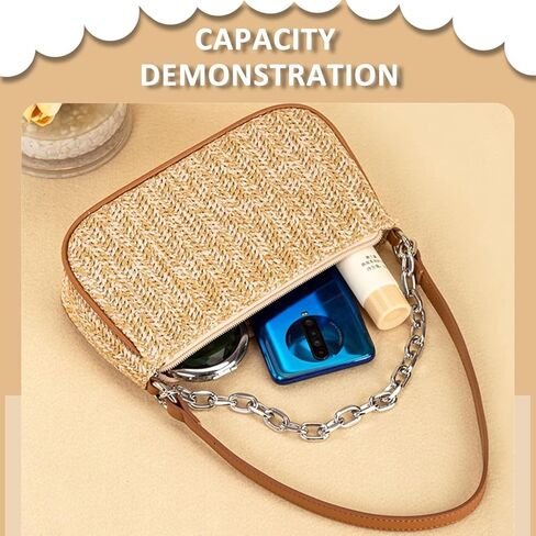 Straw Beach Bag, Hand-Woven Soft Handbag Underarm With Decorative Chain, Bohemian Summer Bag Suitable for Vacation Travel Daily(Khaki) in Saudi Arabia