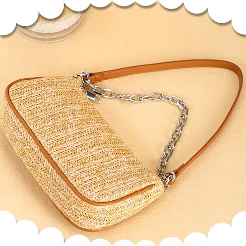 Straw Beach Bag, Hand-Woven Soft Handbag Underarm With Decorative Chain, Bohemian Summer Bag Suitable for Vacation Travel Daily(Khaki) in Saudi Arabia