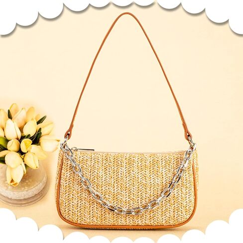 Straw Beach Bag, Hand-Woven Soft Handbag Underarm With Decorative Chain, Bohemian Summer Bag Suitable for Vacation Travel Daily(Khaki) in Saudi Arabia