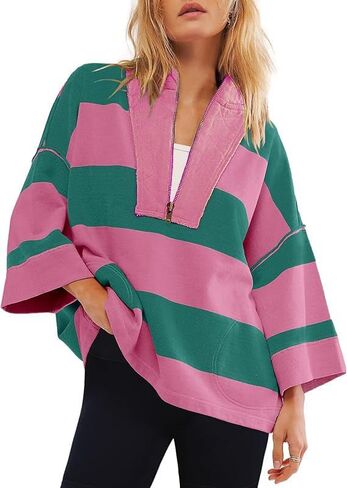 utcoco Oversized Sweatshirt for Women Striped Half Zip Long Sleeve Shirts Hoodies Color Block Preppy Y2K Tops in Saudi Arabia
