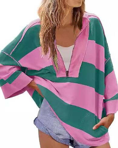utcoco Oversized Sweatshirt for Women Striped Half Zip Long Sleeve Shirts Hoodies Color Block Preppy Y2K Tops in Saudi Arabia