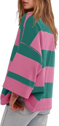 utcoco Oversized Sweatshirt for Women Striped Half Zip Long Sleeve Shirts Hoodies Color Block Preppy Y2K Tops in Saudi Arabia