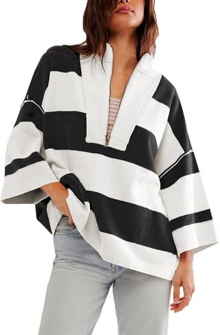 utcoco Oversized Sweatshirt for Women Striped Half Zip Long Sleeve Shirts Hoodies Color Block Preppy Y2K Tops in Saudi Arabia