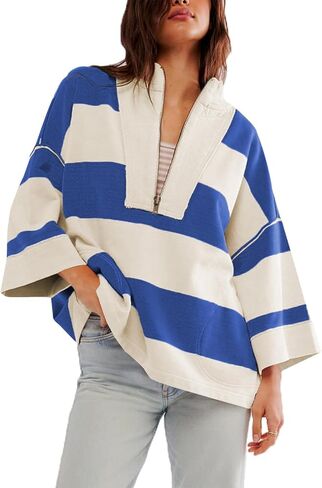 utcoco Oversized Sweatshirt for Women Striped Half Zip Long Sleeve Shirts Hoodies Color Block Preppy Y2K Tops in Saudi Arabia