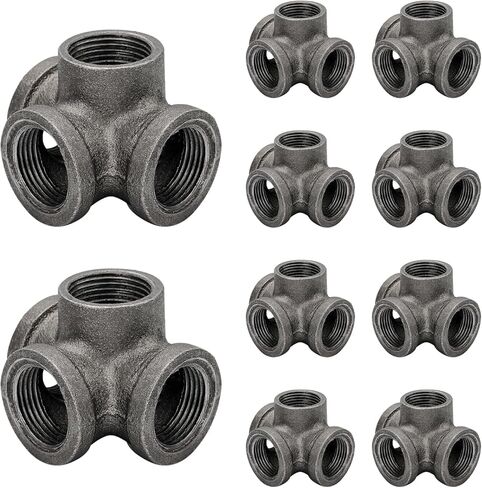 1 "تركيبات الأنابيب السوداء 4-Way Side Outlet Tee - Home Expert 4 عبوات من تجهيزات الأنابيب الملولبة المصنوعة من الحديد الزهر القابلة للطرق لأرفف الأنابيب الصناعية، أثاث الأنابيب الصناعية العتيقة in Kuwait