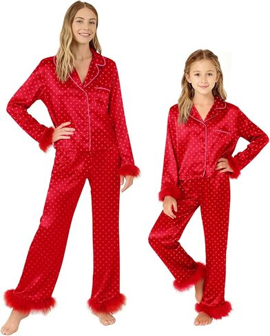 Seyurigaoka Mommy and Me Valentines Pajamas Set 2 Piece Satin Silk Feather Trim Heart Pjs for Mom Daughter Women Girl in Kuwait