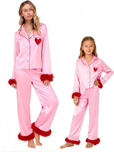 Seyurigaoka Mommy and Me Valentines Pajamas Set 2 Piece Satin Silk Feather Trim Heart Pjs for Mom Daughter Women Girl in Kuwait