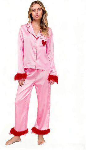 Seyurigaoka Mommy and Me Valentines Pajamas Set 2 Piece Satin Silk Feather Trim Heart Pjs for Mom Daughter Women Girl in Kuwait