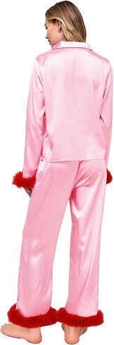 Seyurigaoka Mommy and Me Valentines Pajamas Set 2 Piece Satin Silk Feather Trim Heart Pjs for Mom Daughter Women Girl in Kuwait