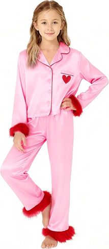 Seyurigaoka Mommy and Me Valentines Pajamas Set 2 Piece Satin Silk Feather Trim Heart Pjs for Mom Daughter Women Girl in Kuwait