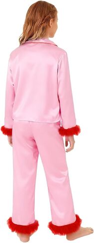 Seyurigaoka Mommy and Me Valentines Pajamas Set 2 Piece Satin Silk Feather Trim Heart Pjs for Mom Daughter Women Girl in Kuwait