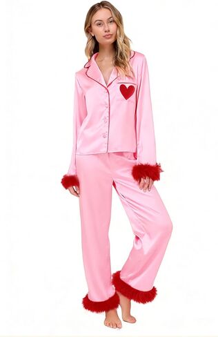 Seyurigaoka Mommy and Me Valentines Pajamas Set 2 Piece Satin Silk Feather Trim Heart Pjs for Mom Daughter Women Girl in Kuwait