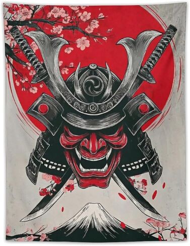 JYOUQOC Ghost Warrior Mask Samurai Sword Cherry Blossom Tapestry Flag Backdrop Wall Hanging Large Wall Art Decor for Dorm Office Bedroom Living Room 30"×40" in Saudi Arabia