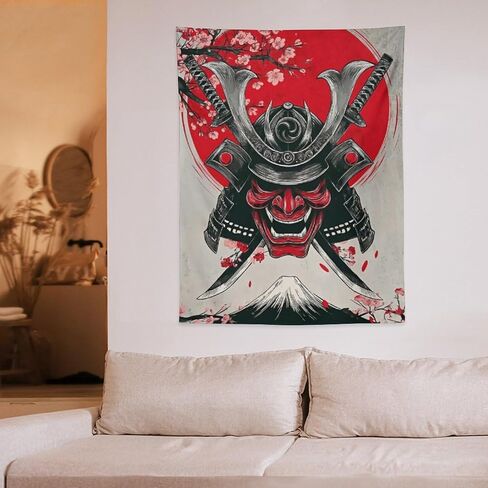 JYOUQOC Ghost Warrior Mask Samurai Sword Cherry Blossom Tapestry Flag Backdrop Wall Hanging Large Wall Art Decor for Dorm Office Bedroom Living Room 30"×40" in Saudi Arabia